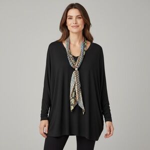 Nordstrom Black Long Sleeve Tunic Top with Printed Scarf Size Large Casual Top